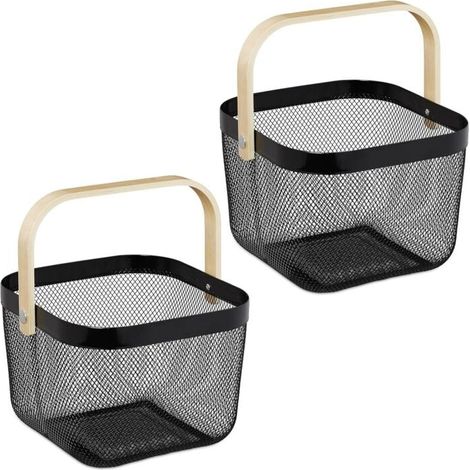 Panier de rangement, dimensions (H x L x P) : 17,5 x 26 x 24,5 cm, cadre en métal et bambou, avec poignée, noir. (1/4)