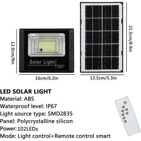Projecteur solaire extérieur étanche IP67 (100 W) avec télécommande, réflecteur solaire, lampe murale. (1/5)
