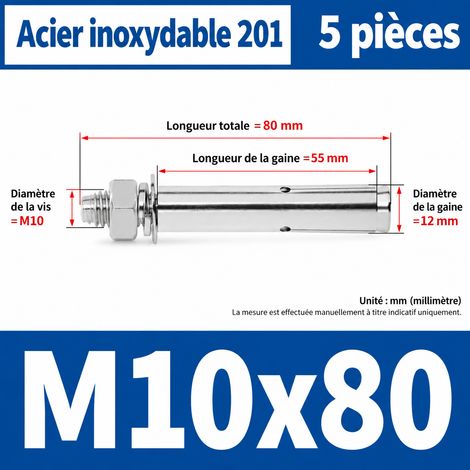 Goujon d'ancrage cheville à expansion M10x80 mm inox 201 lot de 5 pièces m10 80 5 pièces 1 kg – Livraison gratuite