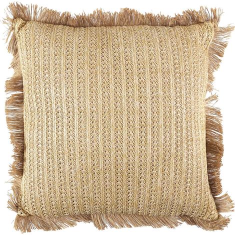 Coussin 40x40cm en Jute et Lin Tressé Doré avec Franges Déhoussable (1/5)