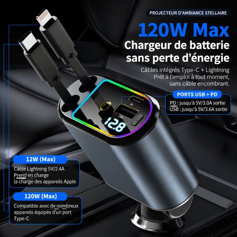 Chargeur allume-cigare voiture 120W C9 ciel étoilé affichage numérique câbles rétractables Type-C Lightning c9 affichage numérique 16,9 × 8,2 × 3,9 cm 162 g – Livraison gratuite