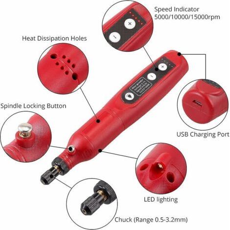 NALOOKAMIC Mini Perceuse Outils Rotatifs LED Mini Perceuse Électrique sans Fil USB Rechargeable pour DIY, Polissage, Coupe