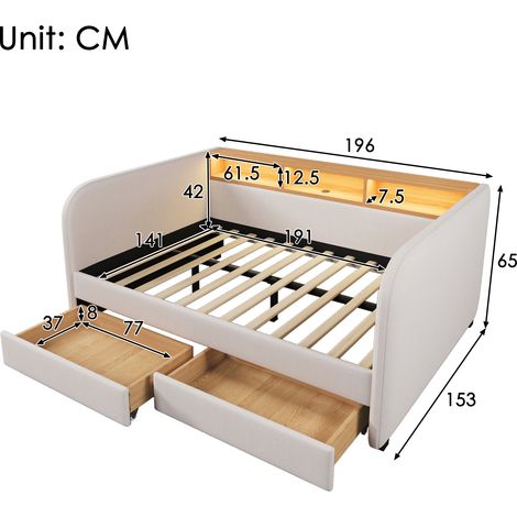 Banquette-lit 140x190 cm avec éclairage LED et port USB-C, canapé convertible doté de 2 tiroirs et tête de lit avec rangement, lin beige clair, sans matelas