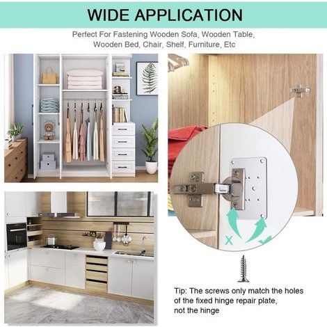 Lot de 6 plaques de réparation pour charnières en acier inoxydable avec 36 vis et 12 trous de montage pour la réparation de porte,armoire,meubles de salon,tiroirs,caisses et fenêtres