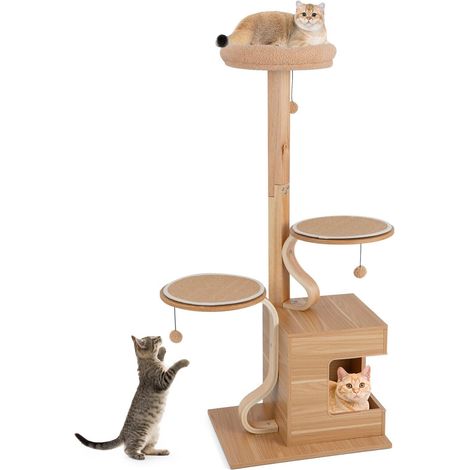 Wooden Cat Tree 129cm Tall Cat Tower Cat Climbing Gurniture w/ Cat Condo (1/5)