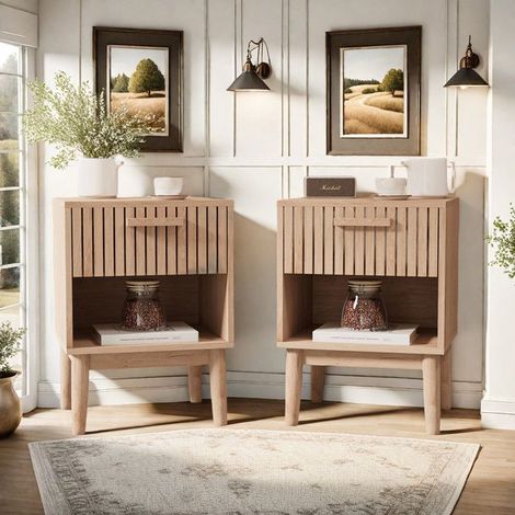 Nachttisch - TANANT - 2er Set - 1 Schublade - Offenes Fach - Beige Holz 40x35x55 cm
