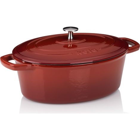 kela Casseruola ovale in ghisa 4 litri, forno olandese Calido per cottura a induzione con coperchio, pentola in ghisa per cuocere il pane, smaltato, rosso (1/5)