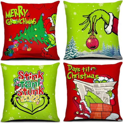 Christmas Pillowcases 18x18 Inch, Set of 4 Green Christmas Ornaments, Winter Holiday Farmhouse Party Decor, Indoor Items (1/5)