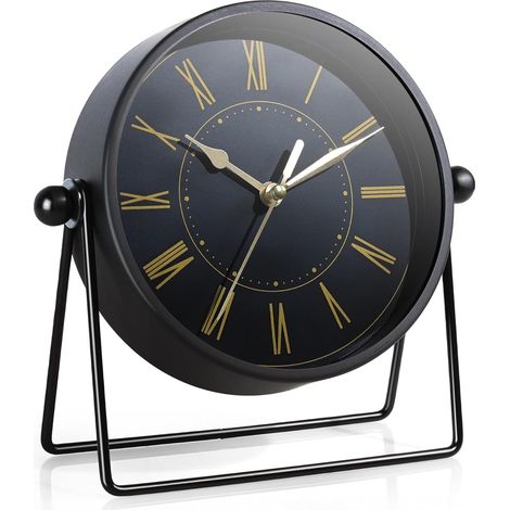 Horloge de Table Vintage en métal – Horloge à Poser à Piles, Angle réglable, Quartz Silencieux sans tic-tac, idéale pour cheminée, étagère ou Salon (Noir/Doré) (1/5)