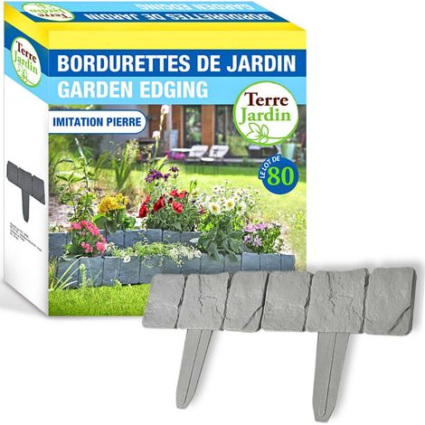 Terre Jardin – Lot de 80 bordures de jardin imitation pierre en plastique PP – Dimensions 25x10 cm – Assemblage facile par clips – Longueur totale 20 mètres