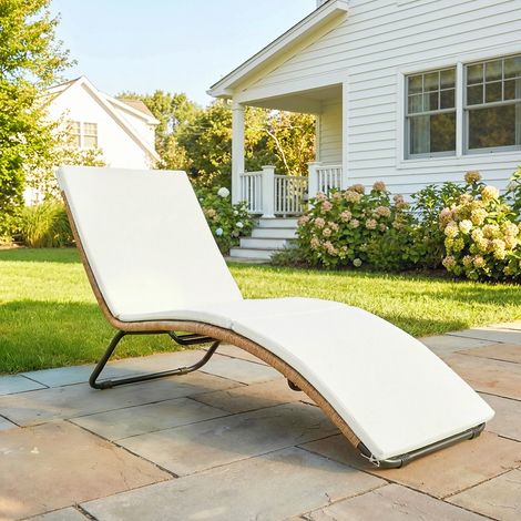 Bain de soleil en résine tressée transat de jardin design en S courbe naturelle structure robuste acier coussin crème (1/5)