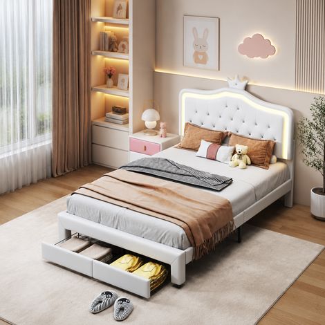 Lit enfant 140×200 cm avec lumière LED, lit princesse avec 2 tiroir de rangement, lit double avec tête de lit réglable, lit princesse, lit fille, style moderne, sommier à lattes, PU, Beige (1/5)