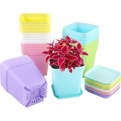 24 Pieces 7 cm Small Flower Pot, Colourful Plastic Plant Pot Seedling Buckets with Tray, Square Pots for Transplanting Pots, Mini Planter for Small Plants, Succulents, Cuttings (1/5)