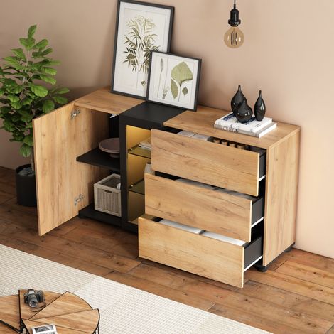 Credenza con 1 Anta, 3 Cassetti, 4 Vani e Ripiani Regolabili con LED per Soggiorno in Pannello, Nero e Marrone (1/5)