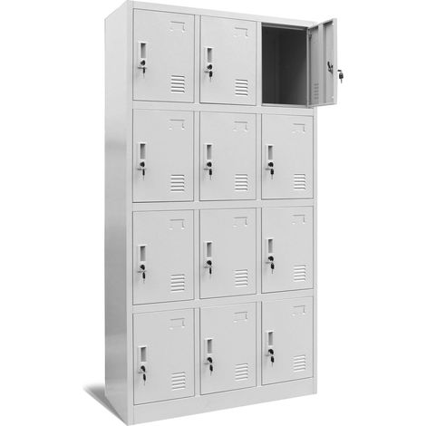Wertfachschrank 3B4A Fächerschrank Schließfachschrank mit 12 Fächern Metallspind Umkleideschrank Stahlblech Pulverbeschichtung Farbwahl 185 cm x 90 cm x 40 cm (H x B x T) Grau
