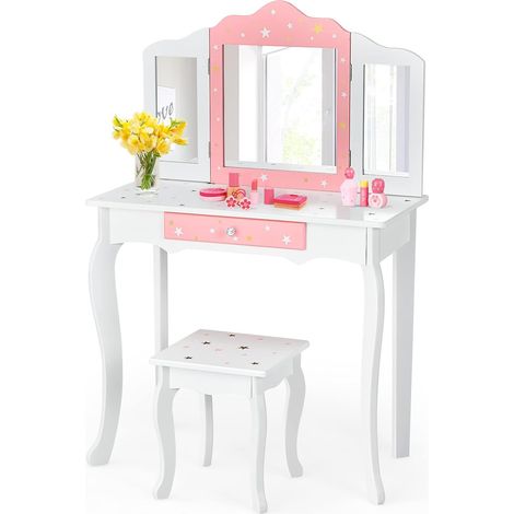 GOPLUS Coiffeuse Enfant Fille avec Miroir a 3 Volets Amovible et Tiroir, Table de Maquillage avec Tabouret, Ensemble Coiffeuse avec Coins Arrondis, Ideal pour Chambre des Enfants (Blanc) (1/5)