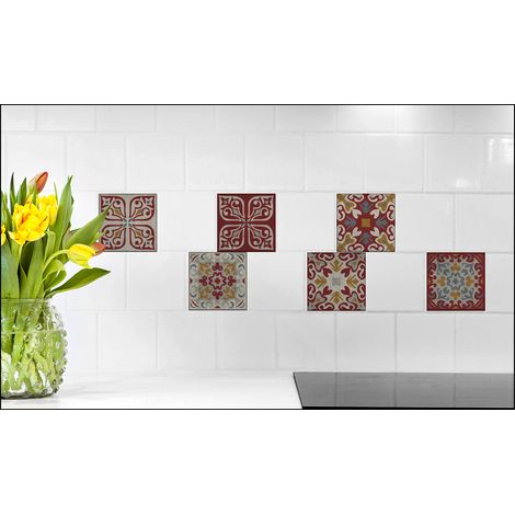 Sticker Carrelage Autocollant Décoratif x6, 15 cm X 15 cm, Style Ciment, Tons Pourpre et Moutarde, Déco Classe pour Carrelage Mural. (1/5)
