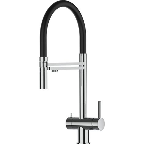 Rubinetto 3 vie miscelatore lavello cucina VIZIO in Acciaio INOX Lucido - Canna nera movibile e doccia due getti staccabile - ACCIAIO CHIRURGICO AISI 316 (1/4)