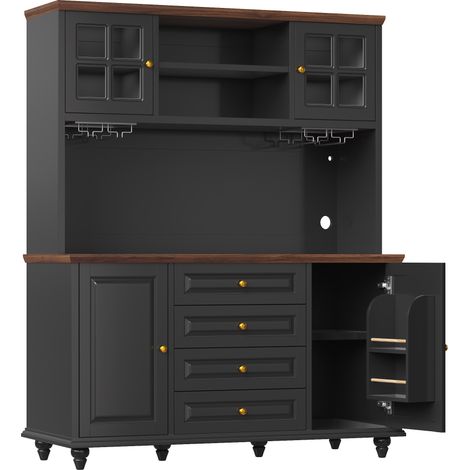 Aparador alto de cocina negro de MDF con LED RGB y portavasos metálico (1/5)