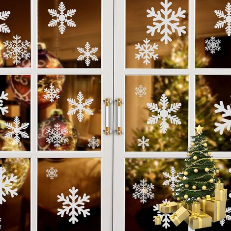 144 Pcs Flocon de Neige Stickers, Noël Autocollants Fenetre, PVC Decoration Noel Fenêtre Autocollant Noël Reutilisable, pour Fenêtre Porte Miroir (1/5)