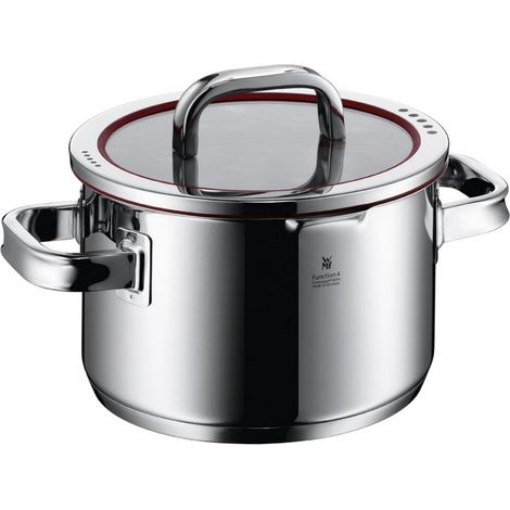 marmite grande 20 cm, couvercle en verre, marmite à viande induction 3,4 l, acier inoxydable poli, 4 fonctions de versement, graduation interne, rouge (1/5)