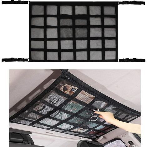 Filet de Rangement pour Toit Voiture, 90cmx65cm Maille Sac Poche Universelle et Réglable pour Plafond Voiture Organisateur Bagage Filet pour Voiture SUV Van, Solution Parfaite de Rangement