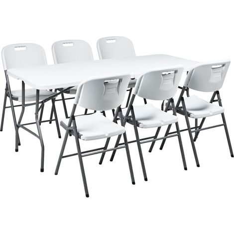 Set da pranzo da giardino 6 posti 180 x 74 cm Tavolo rettangolare Sedie pieghevoli con gambe in acciaio Bianco Cugnoli