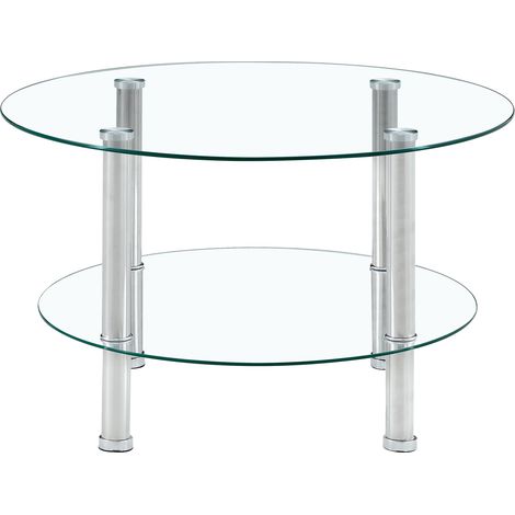 Mesa de centro de vidrio templado de dos niveles, 70 cm, patas metálicas plateadas (1/5)