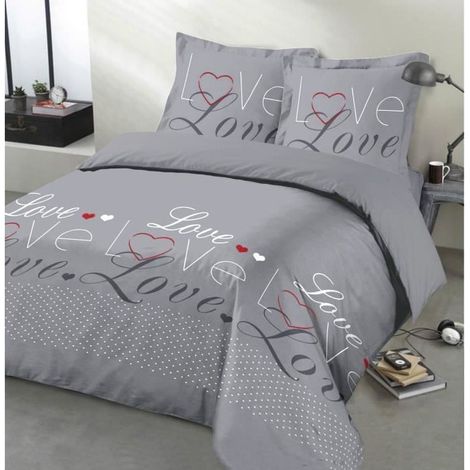 VISION Parure de couette Love - 100% coton - 1 housse de couette 240 x 220 cm + 2 taies d'oreiller 65 x 65 cm - Gris (1/2)