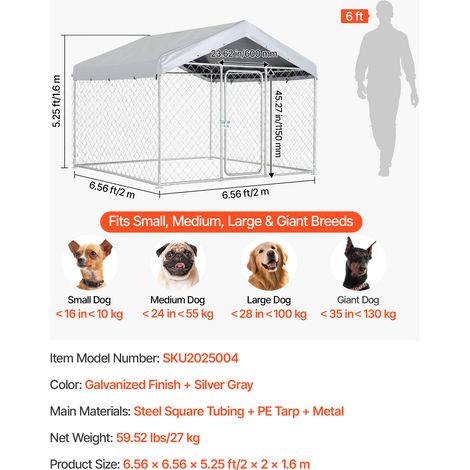 VEVOR Outdoor Dog Kennel, 2 x 2 x 1.6 m Large Dog Kennel with Secure Lock, Outside Dogs Enclosures with UV-Resistant & Waterproof Roof Cover, Heavy Duty Pet Crate Cage Run for Large Dogs (1/4)