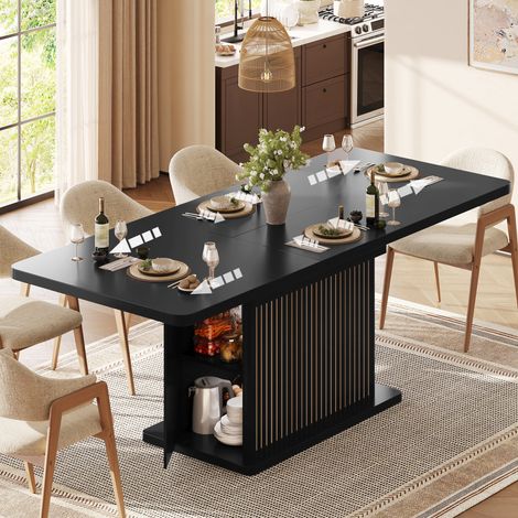MODFU – Table extensible 120-160x80x76 cm MDF/métal – Rangement caché et façades relief vertical – Charge 60 kg – Salle à manger – Noir (1/5)