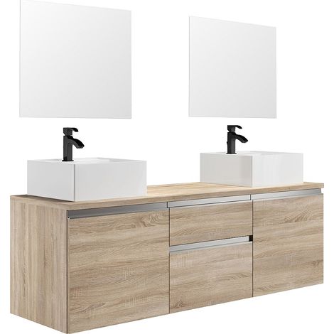 Mobile sospeso per bagno con doppio lavabo e specchi - Naturale chiaro - 150 cm - JIMENA II (1/4)