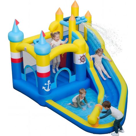 COSTWAY Castello Gonfiabile per Bambini,con Piscina Splash,Cannone d'Acqua,3-12 Anni