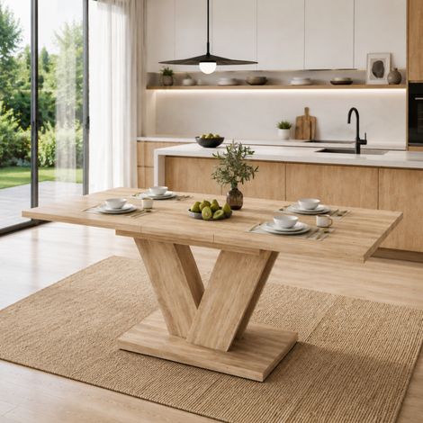 Table extensible 140/180x80cm, plateau épais, piètement V stable, design simple, effet chêne, mécanisme d'extension fluide et rangement pratique (1/5)