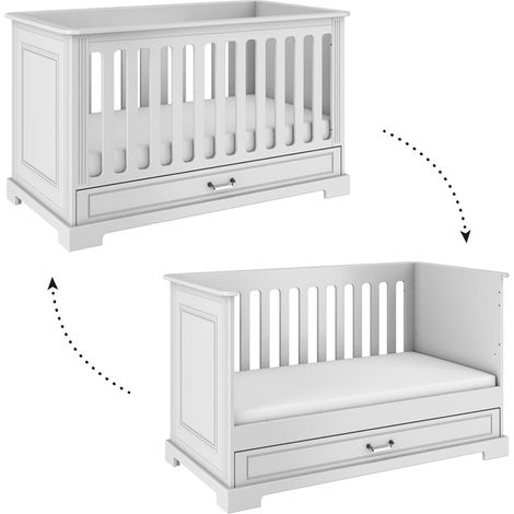 Lit évolutif bébé 70x140 avec tiroir – Panneaux MDF stratifiés – Sommier réglable 3 hauteurs – Kit transformation lit banquette (1/3)