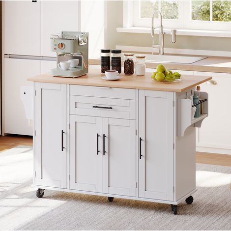 Isola da cucina 136x70x92 cm bianco e naturale in MDF con piano estensibile e ruote (1/5)
