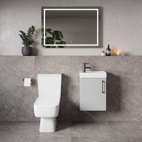 Napoli Cube Gloss Grey Pearl 400mm Single Door Wall Mounted Vanity Unit and Toilet Suite with Align Basin - 400mm - Gunmetal Grey 160mm Handle