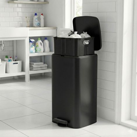 Poubelle de cuisine, 30 litres, poubelle à pédale, en acier, avec seau intérieur, fermeture douce, noir (1/5)