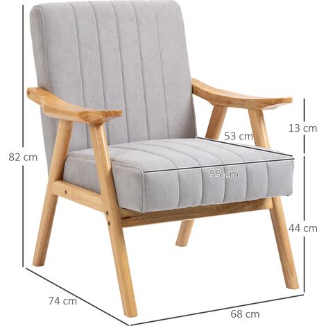 Fauteuil relax scandinave avec accoudoirs, design nordique, tissu gris clair, pieds en bois d'hévéa, pour salon et détente, confortable et élégant. (1/5)