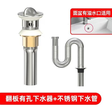 Washbasin drain pipe, odor-proof drain pipe, sink/washbasin drain accessory, pop-up sink/washbasin leak plug -- flip-up perforated drain + 60cm stainless steel drain pipe