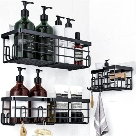 Étagère de douche autocollante (noire 3 en 1) sans perçage - Porte-shampoing et accessoires de douche sans perçage - Étagères de salle de bain adhésives - Porte-détergent de salle de bain (1/5)