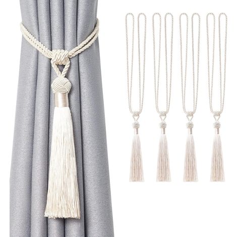 Attaches de rideaux à pompons pour décoration de fenêtre de bureau ou de maison (beige, lot de 4)