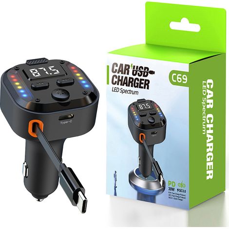 Émetteur FM double USB-C et chargeur de voiture rapide – Bluetooth 5.3, PD 30 W + QC 3.0, éclairage RGB et câble intégré. - AquaForge (1/5)