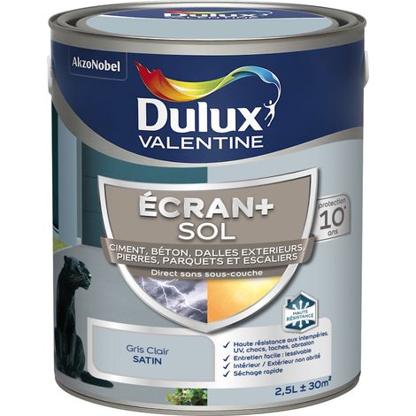 Ecran+ Sol - Peinture solvantée pour sols Intérieur et Extérieur - Ciment, béton, dalles, parquets et escaliers - Satin Gris Clair 2,5 L - Dulux Valentine