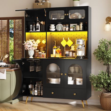 Küchenschrank MDF/Glas Schwarz 120x40x176 cm mit LED, Steckdosenleiste, Weinregal, Schublade und Pegboard (1/5)