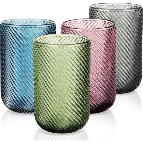 Set of 4 Multicoloured Water Glasses, 410 ml Drinking Glasses, Decorated in Striated Relief, Modern Table Glass for Sparkling Water, Fruit Juice, Aperitif and Beer, Dishwasher Safe (Blue, Grey, Green, (1/5)