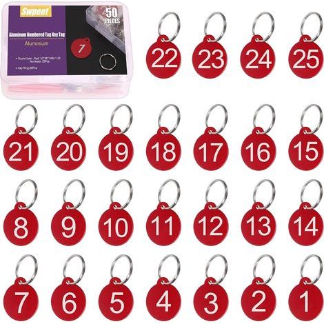50Pcs 1-25 Numéro Rouge Rectangle Numéro d'Aluminium Étiquettes avec Kit d'assortiment de Porte-clés, Étiquette de Porte-clés en Métal Avec Clés Numérotées Pour le Codage (1/5)
