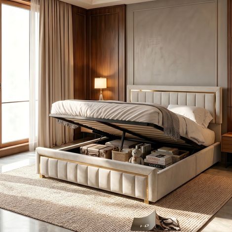 Cama doble de 160x200 cm – Base de láminas – Cabecero tapizado – Terciopelo beige (1/5)