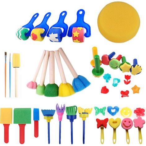 Brushes Peinture Enfant - Manches Plastique Têtes Éponge - Pour Activités Artistiques Éducatives - Lot de 30 Pièces (1/5)