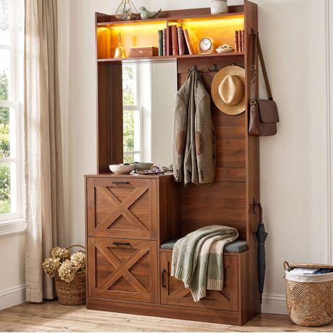 MEUBLIV Vestiaire d'entrée compact noyer 100x25x180 cm avec miroir, LED et banc à chaussures (1/5)